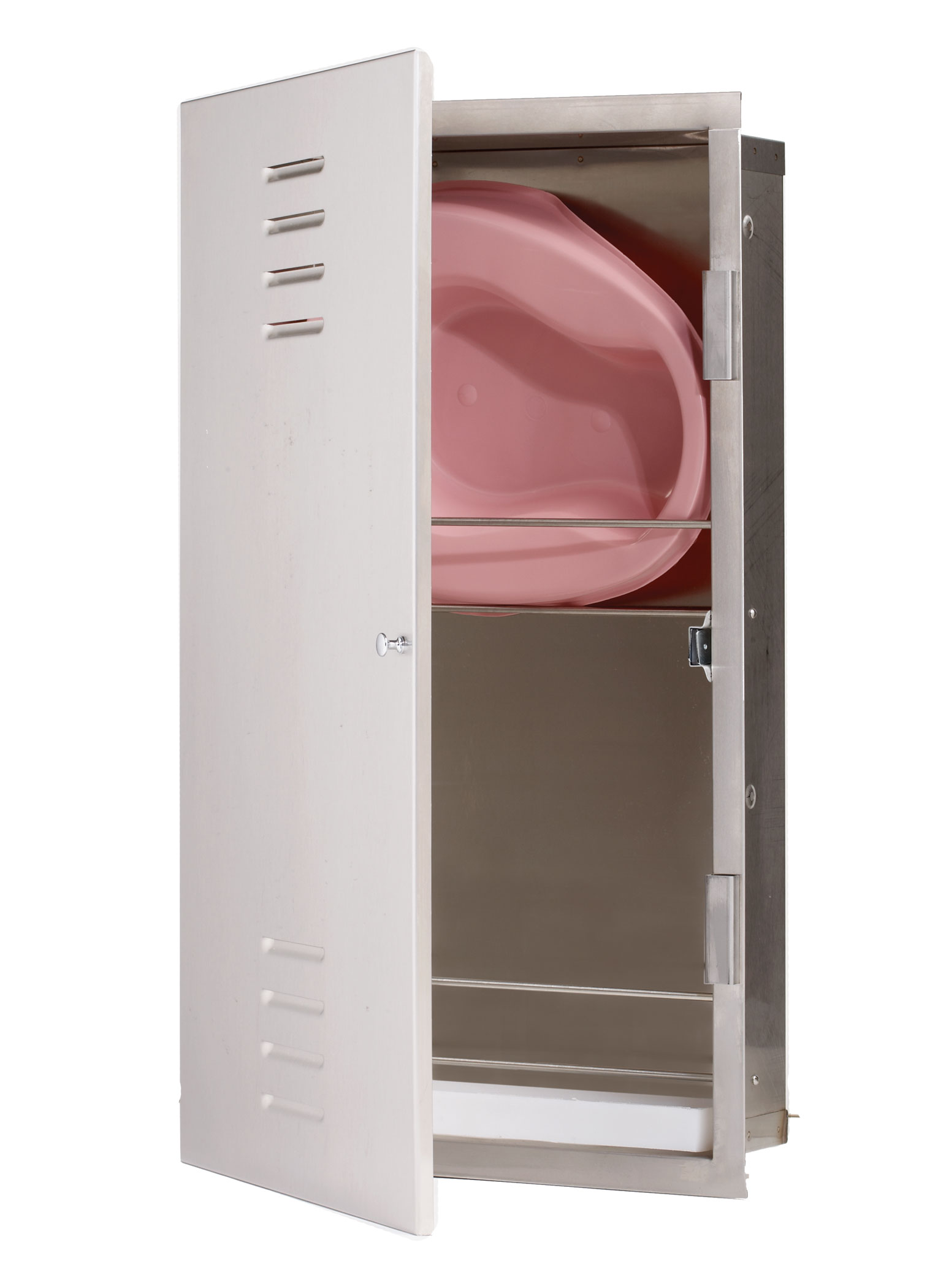 Recessed mounted satin finish stainless steel 2 bed pan storage cabinet - Model 990