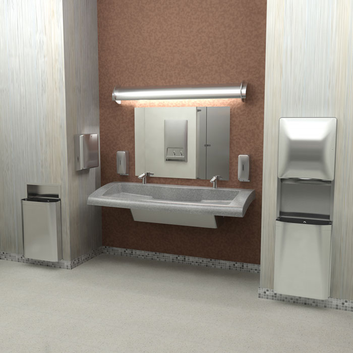 copper colored restroom featuring Diplomat-series washroom accessories and a verge lavatory system