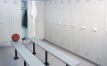 light grey plastic lockers and bench