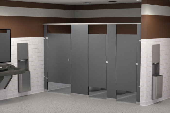 sports themed restroom with solid phenolic core partitions
