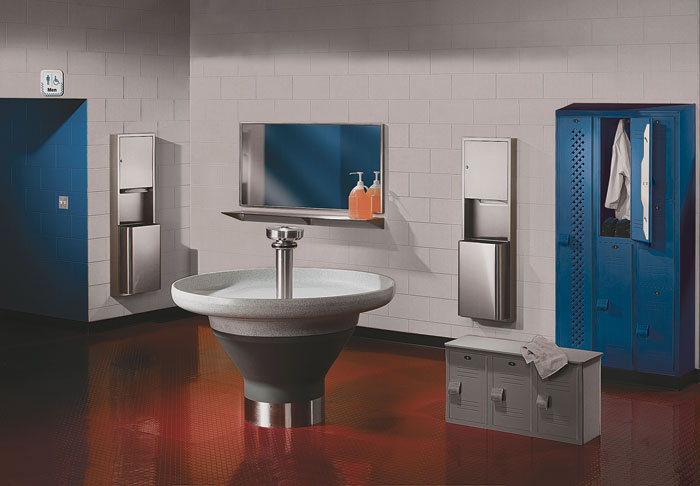 factory wash room featuring bradley washfountains lockers and accessories