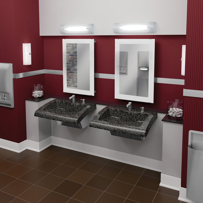 red themed restroom featuring 2 single station Verge lavatory systems