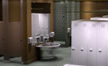 Earth tone industrial locker room featuring stainless steel washfountain, lenox solid plastic lockers, and phenolic solid core partitions