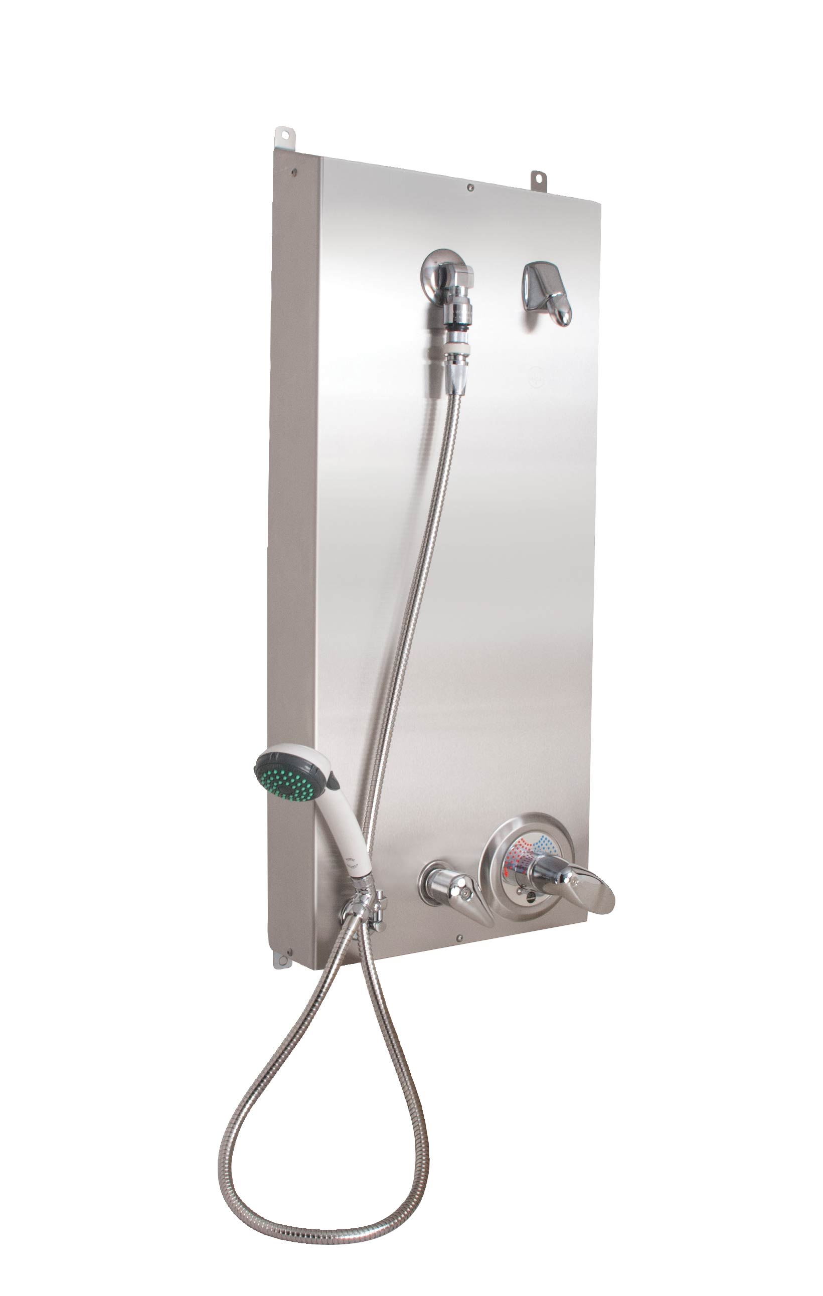 Wall mounted ADA-compliant shower with a handheld showerhead at the end of a stainless steel hose