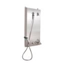 Wall mounted ADA-compliant shower with a handheld showerhead at the end of a stainless steel hose