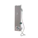 Wall mounted ADA-compliant commercial shower cabinet with hand held showerhead at the end of a stainless steel hose