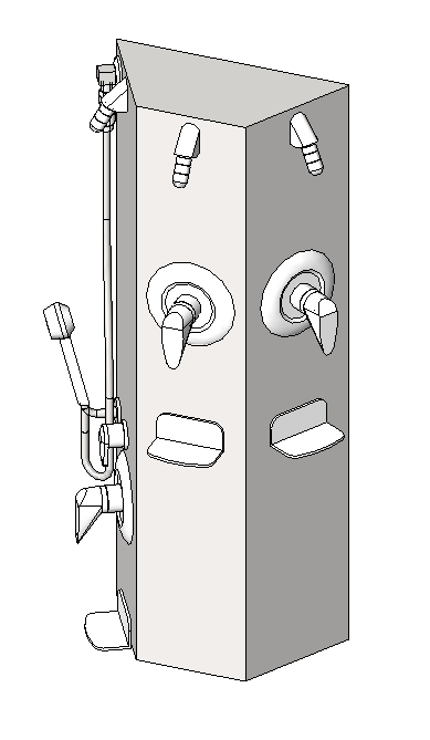 BIM model of a 3 station wall shower where the left station is barrier-free with a hand held showerhead - Model WS-3W-HN-VL