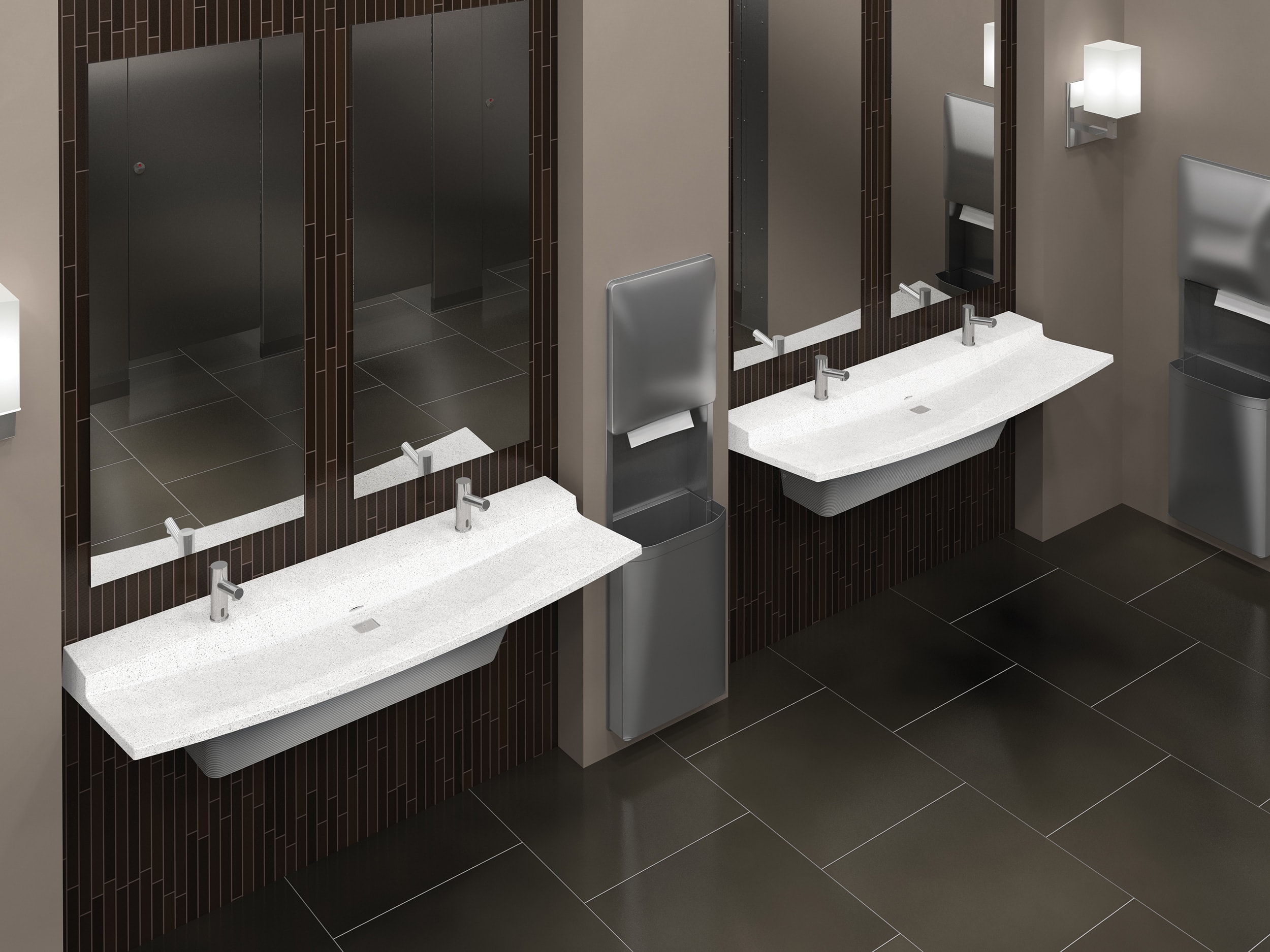 Dark and light restroom featuring two 2-station Verge L-Series lavatory systems made with Evero natural quartz surface