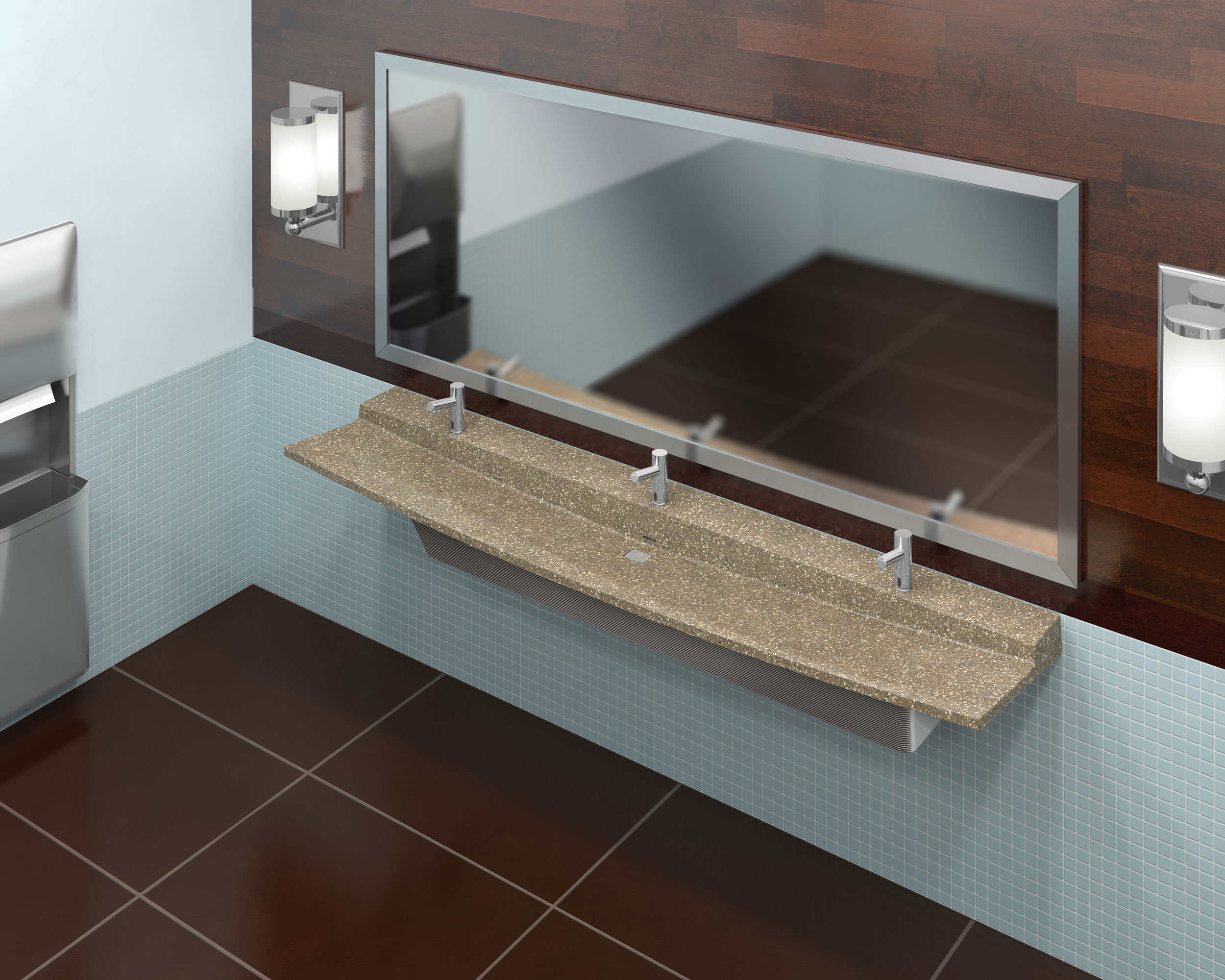 Wood and tile restroom featuring a 3-station Verge L-Series lavatory systems made with Evero natural quartz surface