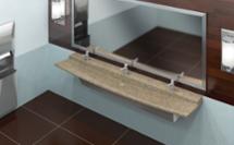 Wood and tile restroom featuring a 3-station Verge L-Series lavatory systems made with Evero natural quartz surface