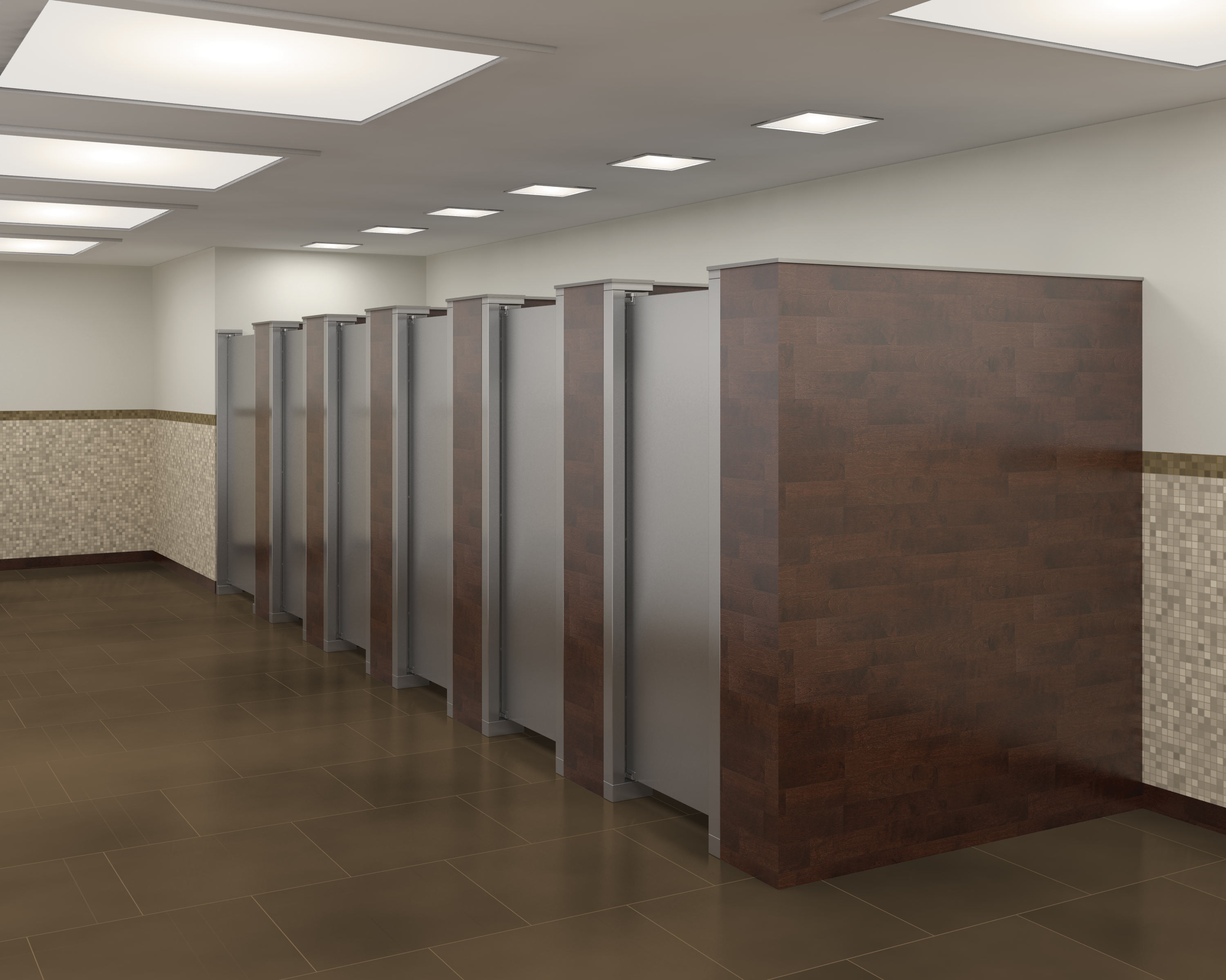 Stainless steel partitions doors with solid walls between the stalls