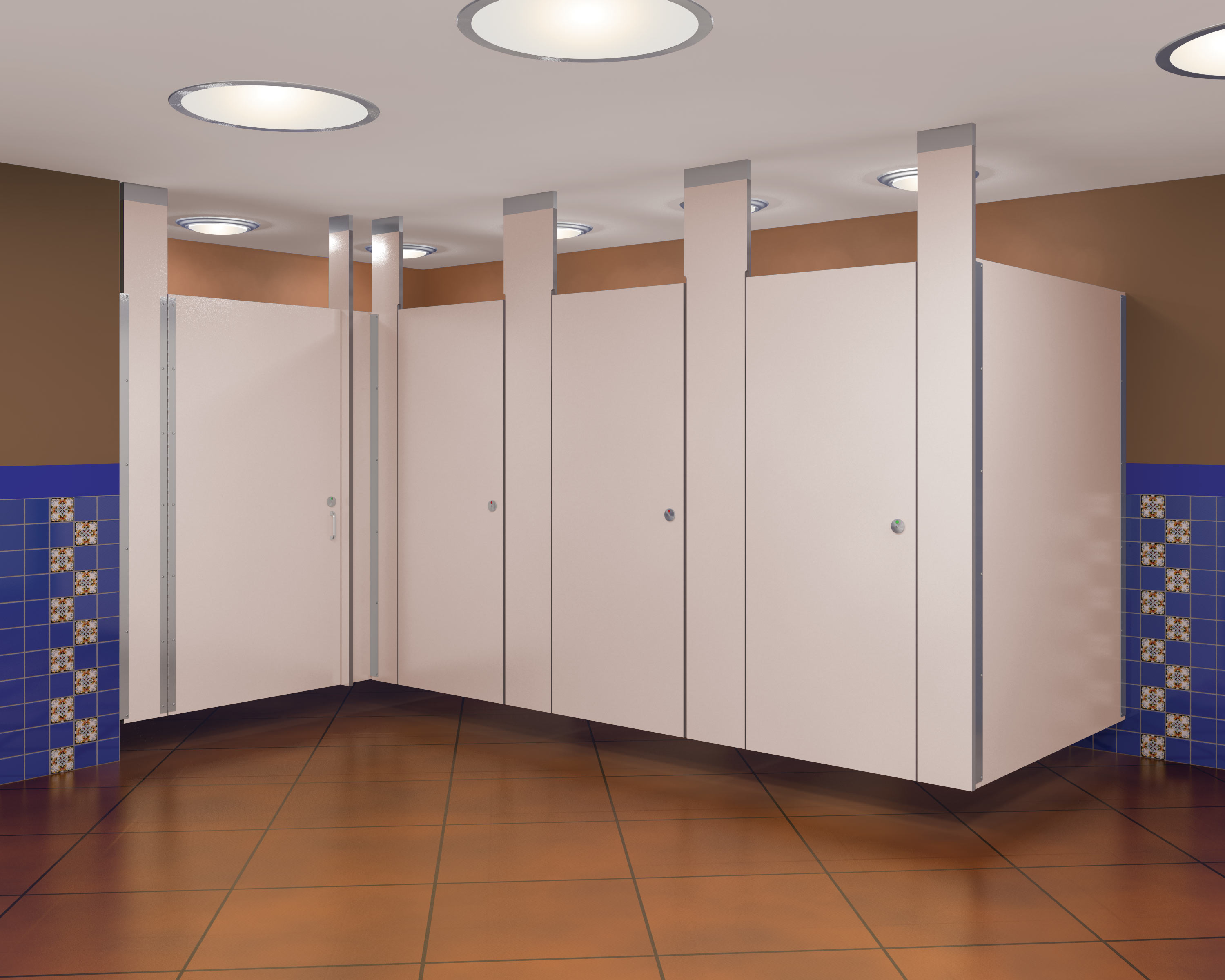 Ceiling mounted solid Phenolic core partitions in a Latin American style restroom