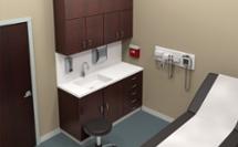 Healthcare setting featuring an OmniDeck brand lavdeck made of solid surface and installed on cabinets