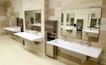 Quartz Sink in sandstone restroom - Verge Lavatory System VRD-2